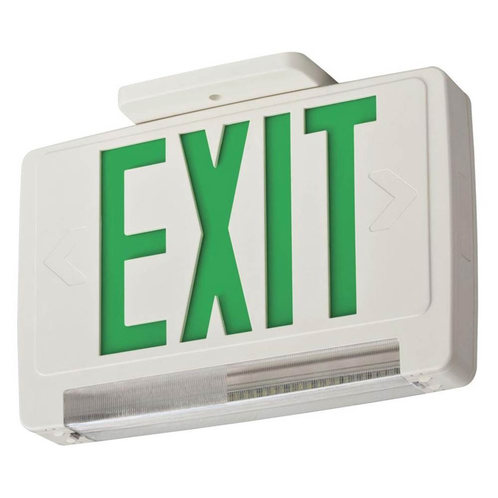 LED Combo Exit Sign, Universal Face with Green Letters, White Finish, Battery Backup Included, Self-Diagnostics
