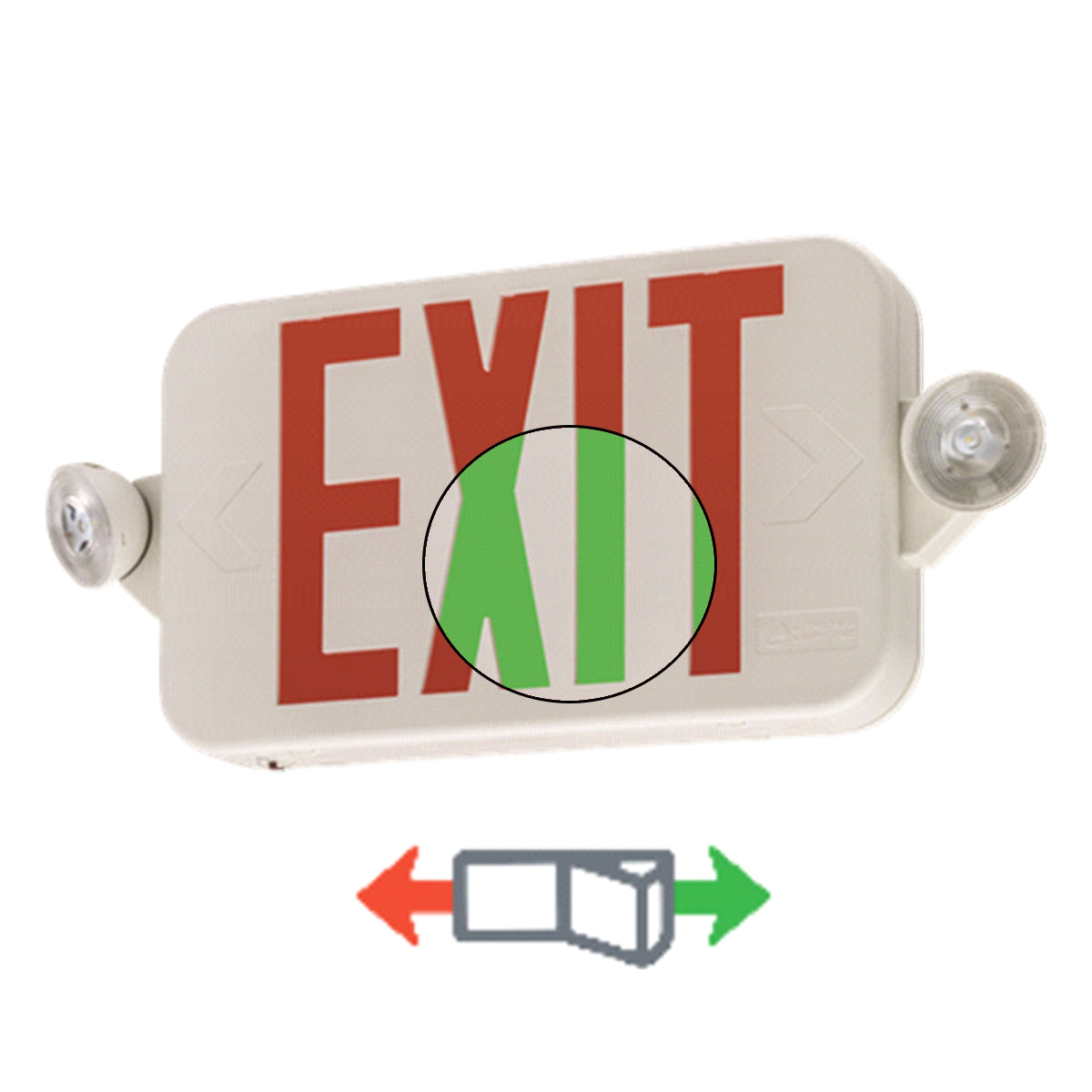LED Combo Exit Sign, Universal Face with Red/Green Letters, White Finish - Bees Lighting