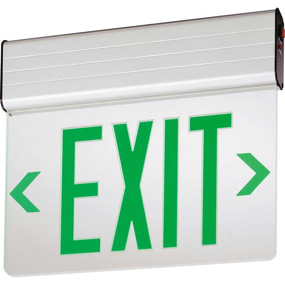 Single Face with Green Letters LED Edge-Lit Exit Sign with Battery Backup, Brushed Aluminum - Bees Lighting