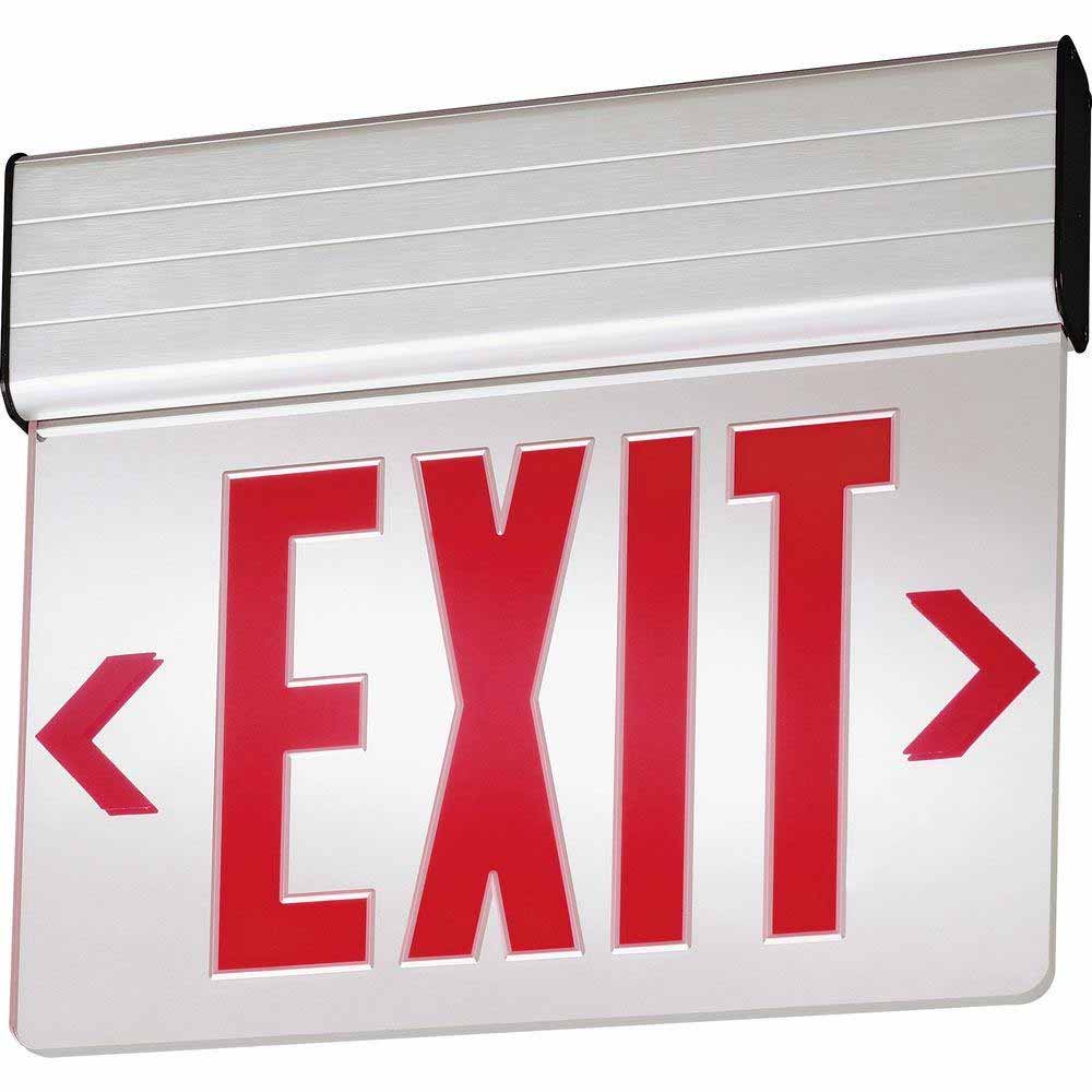 Single Face with Red Letters LED Edge-Lit Exit Sign with Battery Backup, Brushed Aluminum - Bees Lighting