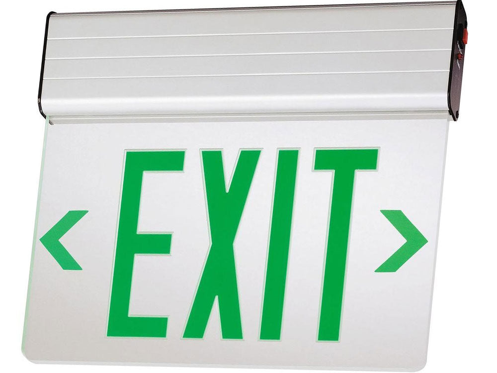 Double Face with Green Letters LED Edge-Lit Exit Sign with Battery Backup, Brushed Aluminum - Bees Lighting