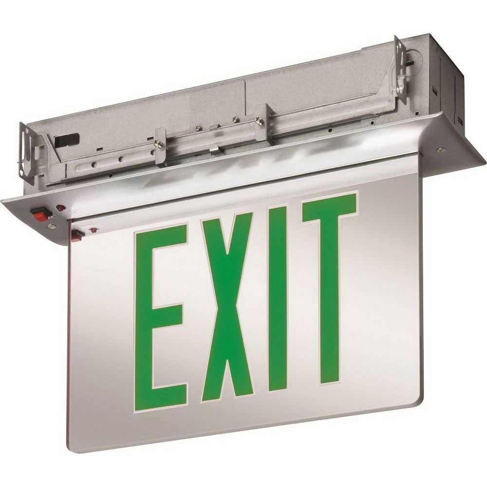Single Face LED Exit Sign with Green Letters and Battery Backup, Brushed Aluminum - Bees Lighting