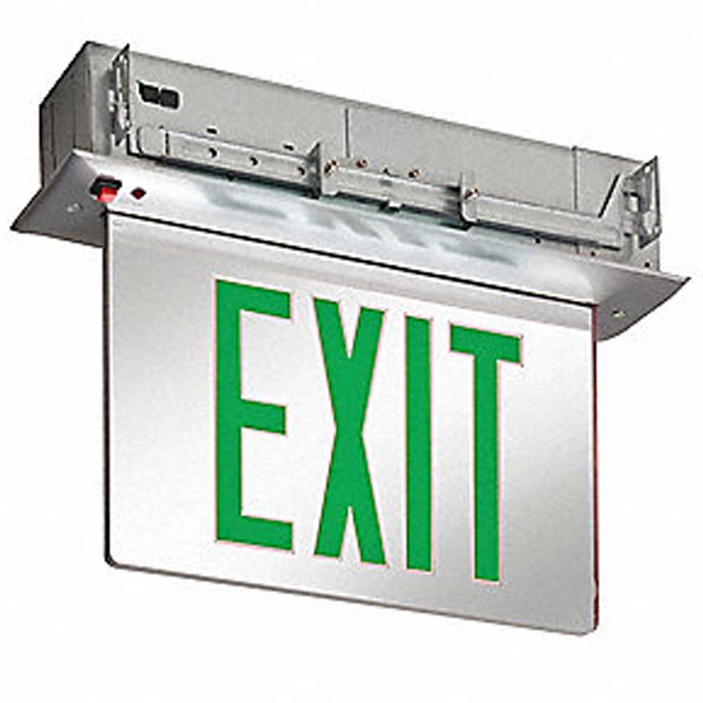 LED Exit Sign, Single face with Green Letters, Mirror Panel Finish,