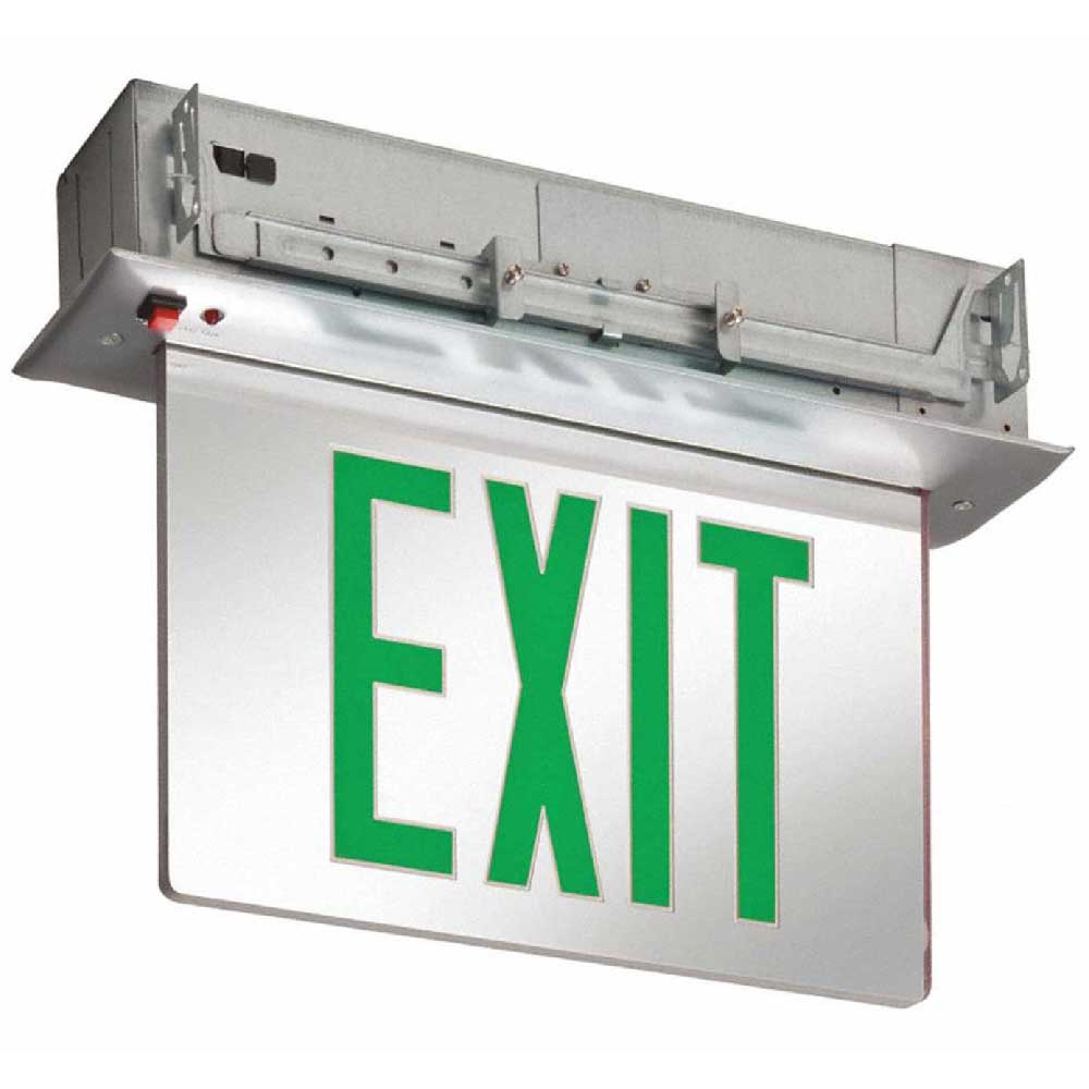 LED Exit Sign, Single face with Green Letters, Mirror Panel Finish, Battery Backup Included