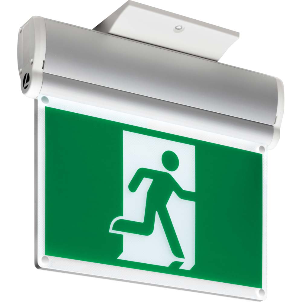 Edge-Lit LED Running Man Exit Sign 120-347 Voltage with Battery Backup, Brushed Aluminum - Bees Lighting