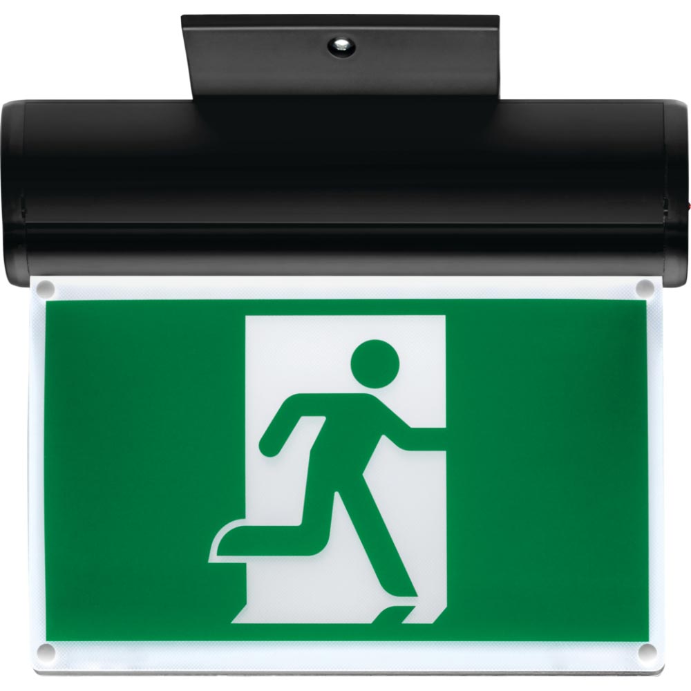 Edge-Lit LED Running Man Exit Sign 120-347 Voltage with Battery Backup, Black - Bees Lighting