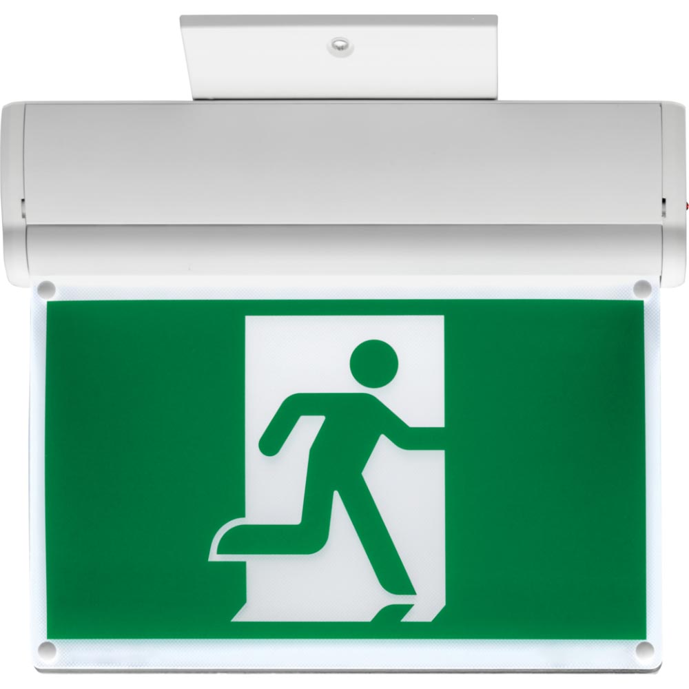 Edge-Lit LED Running Man Exit Sign, Battery Backup Included, White Finish