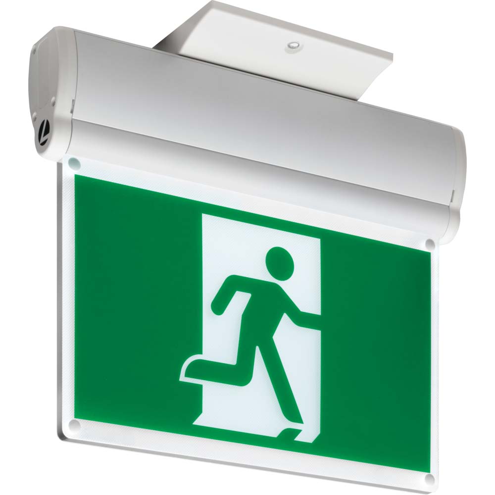 Edge-Lit LED Running Man Exit Sign, Battery Backup Included, White Finish