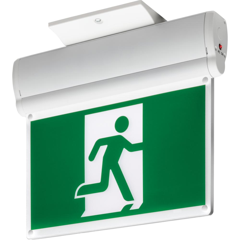 Edge-Lit LED Running Man Exit Sign 120-347 Voltage, AC only, White