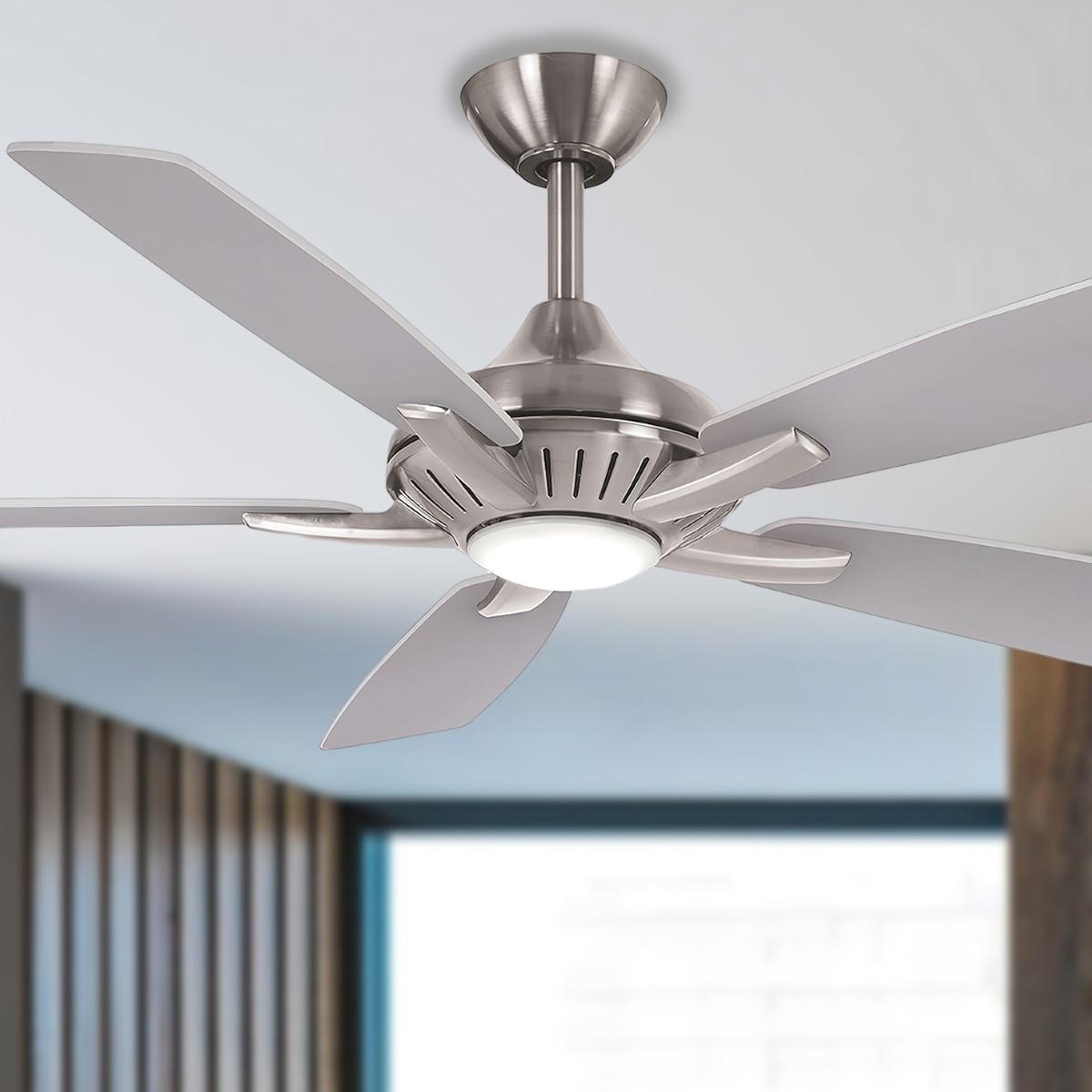Dyno LED 52" Brushed Nickel Ceiling Fan with Remote, Silver and Aged Wood Blades - Bees Lighting