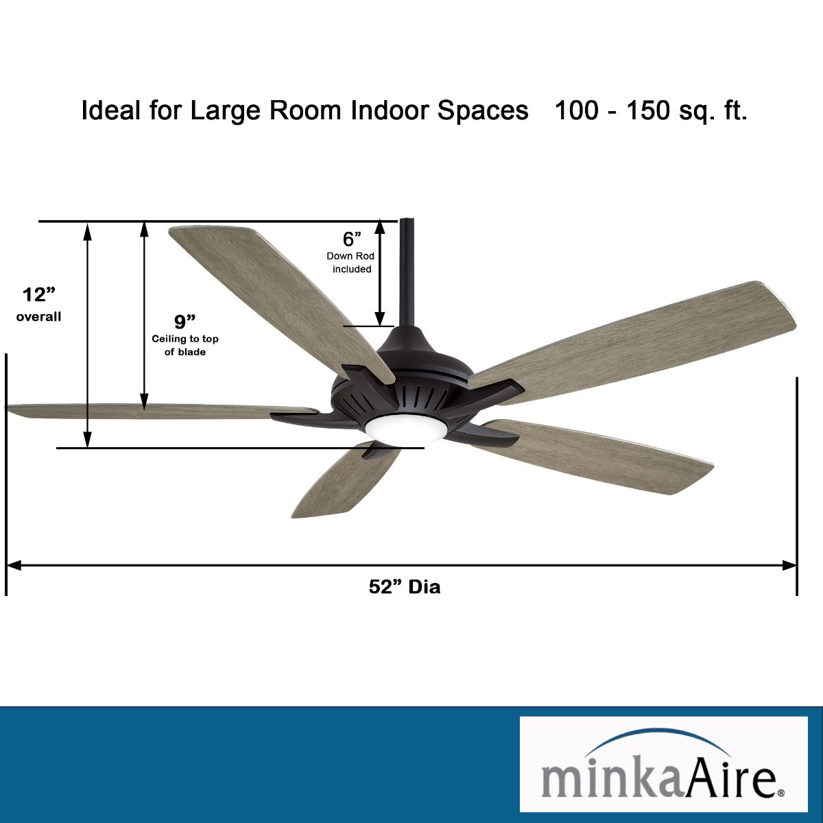 Dyno LED 52" Black Coal Ceiling Fan with Remote, Seashore Grey Blades - Bees Lighting