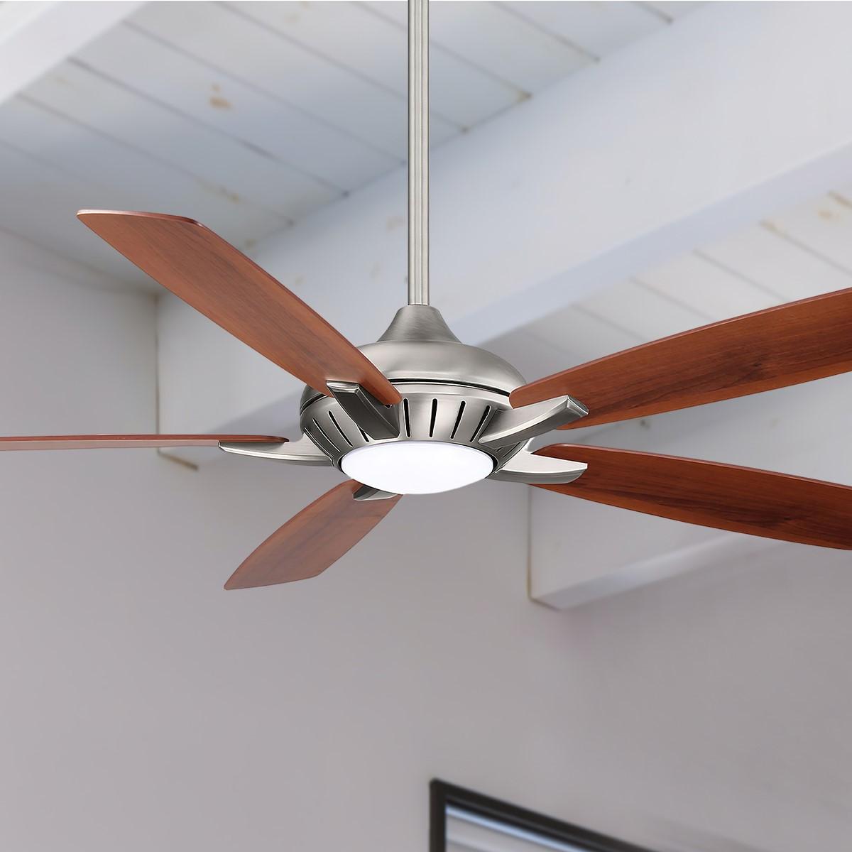 Dyno XL LED 60" Brushed Nickel Ceiling Fan with Remote, Medium Maple/Dark Walnut Blades - Bees Lighting