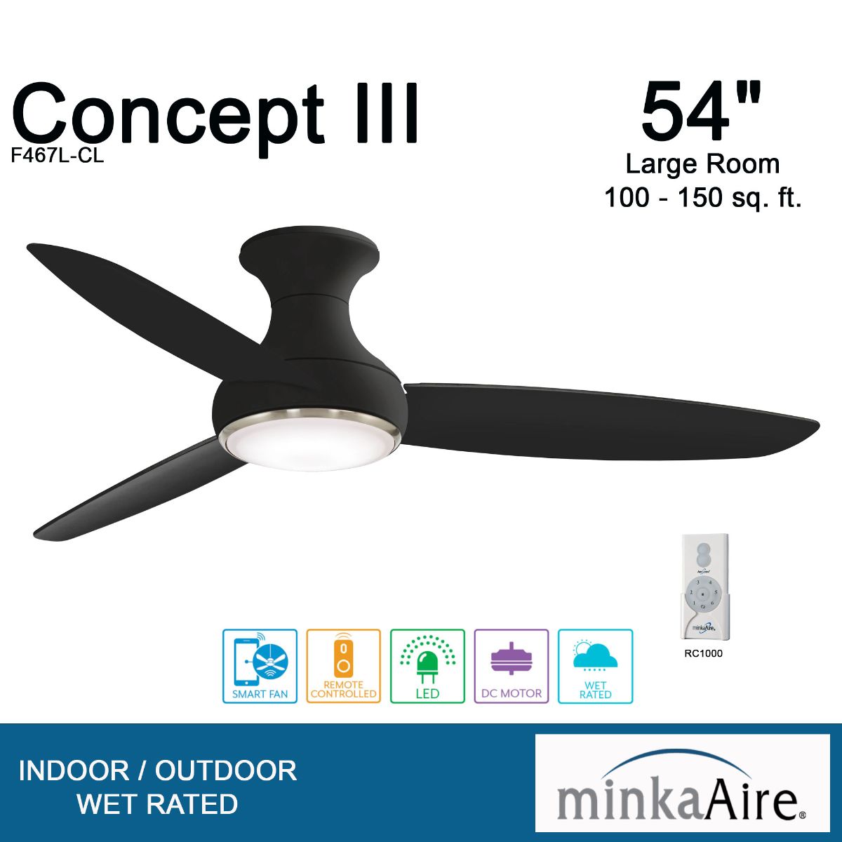 Concept III 54" Black Coal Outdoor Hugger LED Smart Ceiling Fan - Bees Lighting
