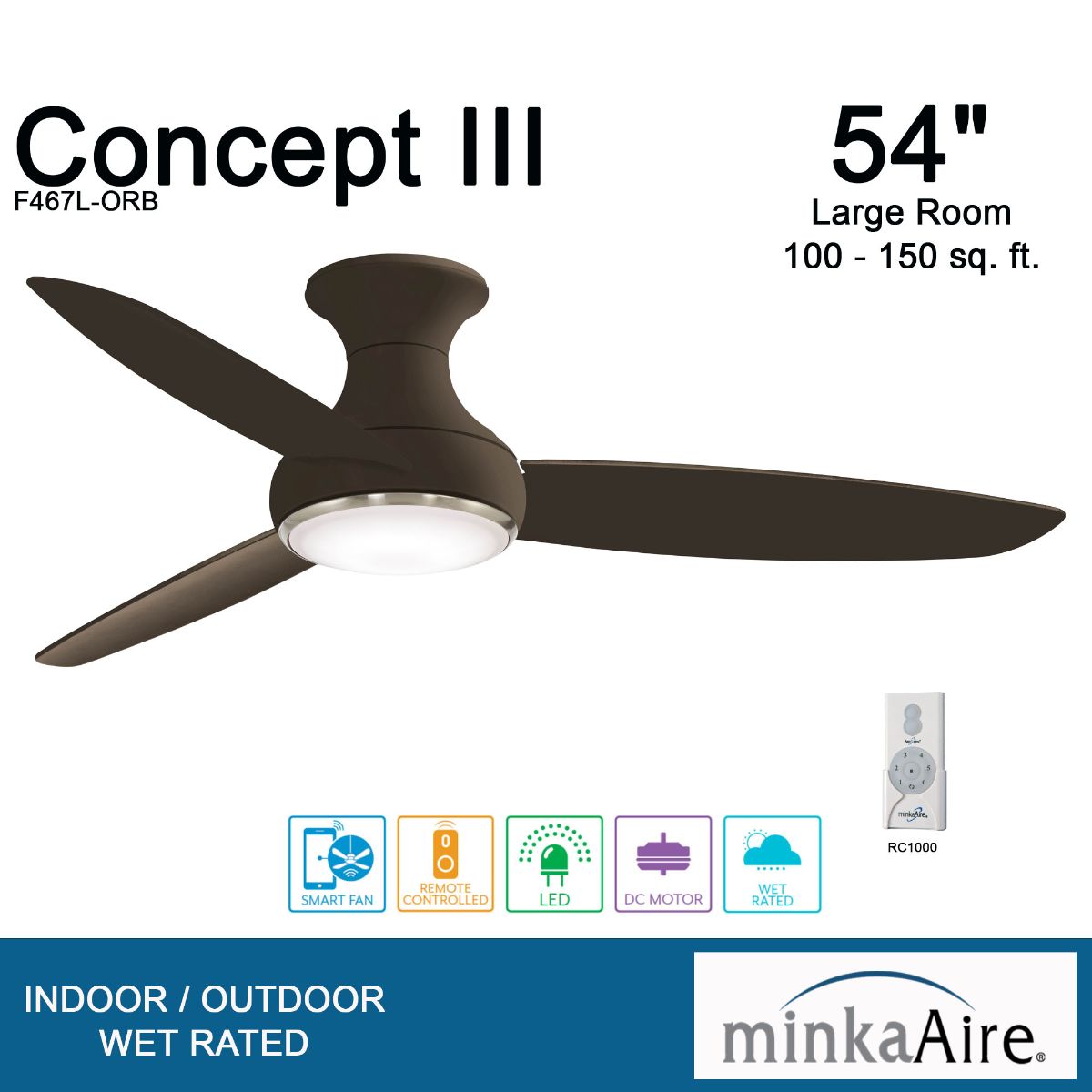 Concept III 54" Bronze Outdoor Hugger LED Smart Ceiling Fan - Bees Lighting