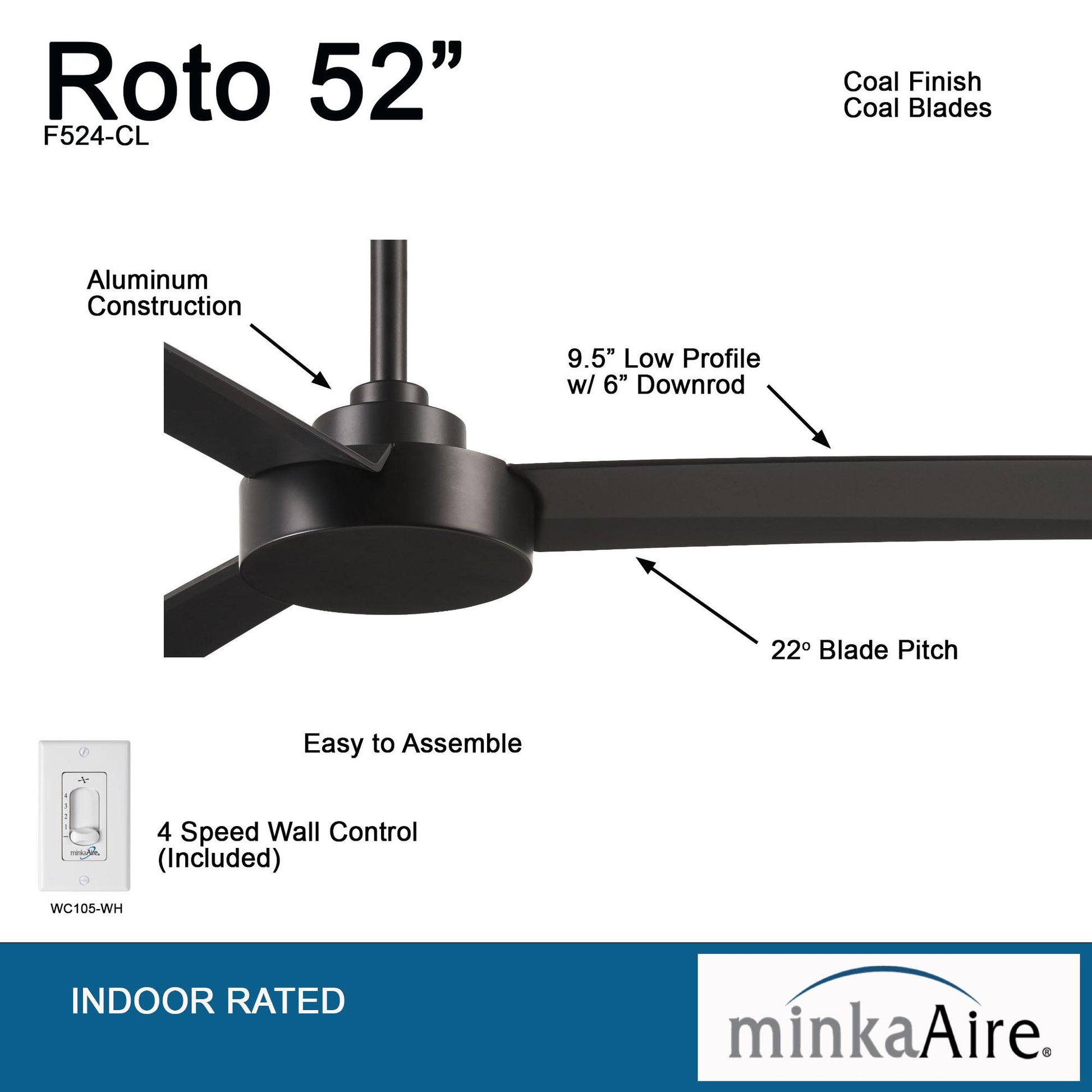 Roto 52" Black Coal Ceiling Fan with Wall Control - Bees Lighting
