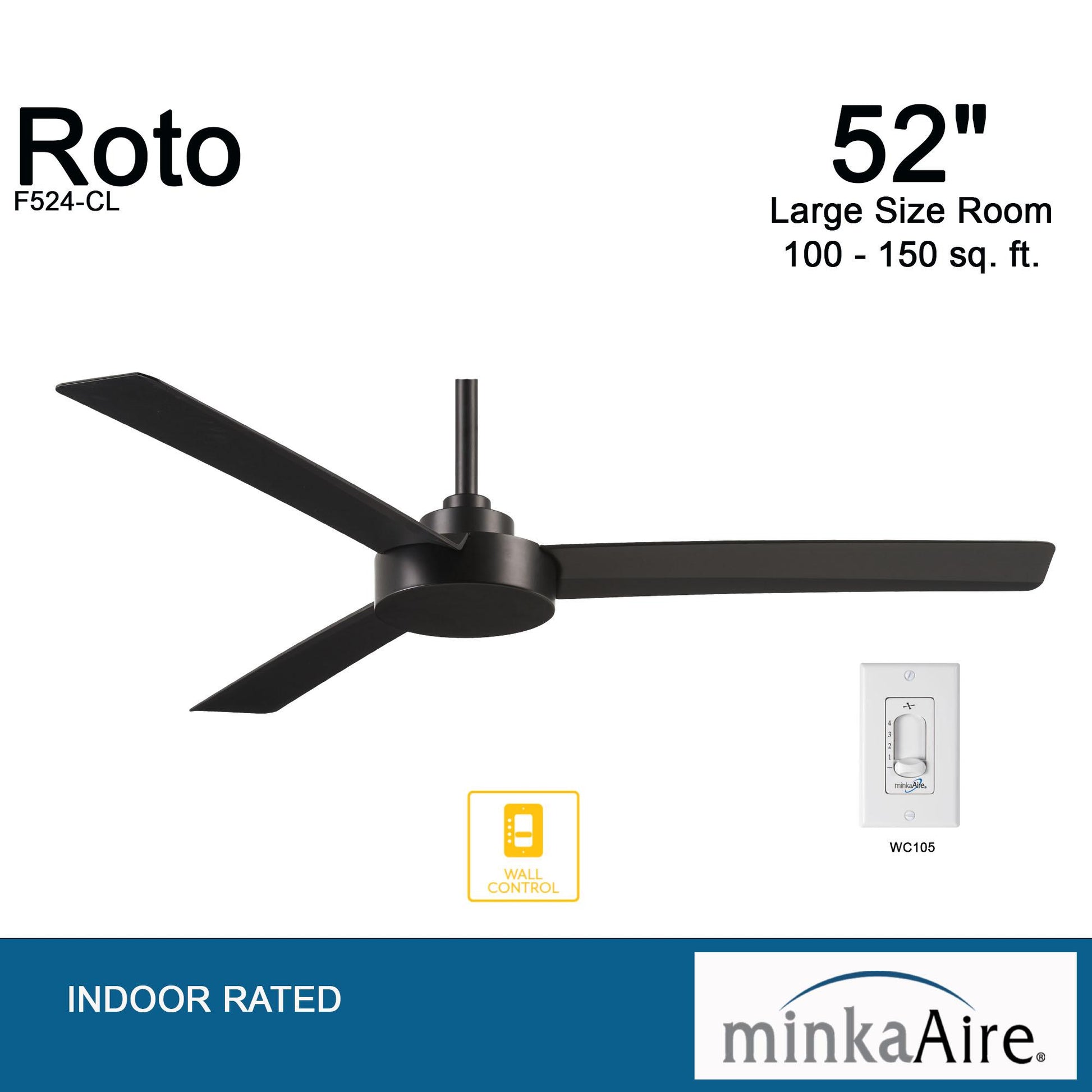 Roto 52" Black Coal Ceiling Fan with Wall Control - Bees Lighting