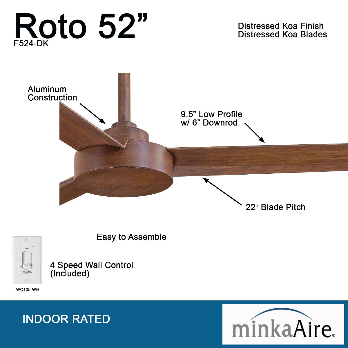 Roto 52" Koa Ceiling Fan with Wall Control - Bees Lighting