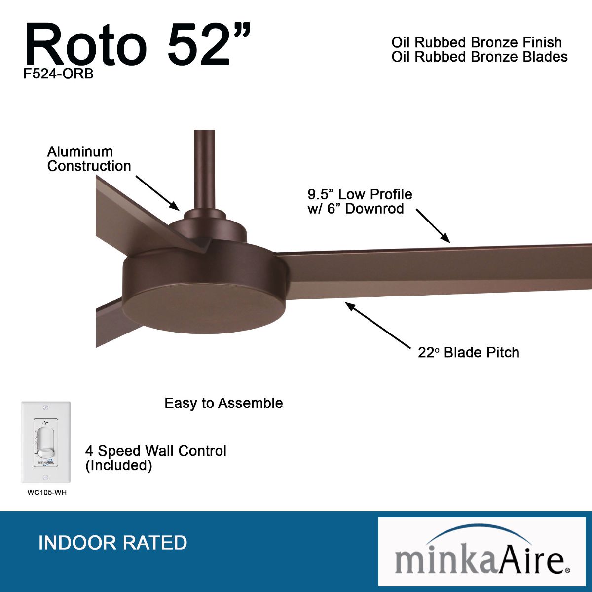 Roto 52" Bronze Ceiling Fan with Wall Control - Bees Lighting