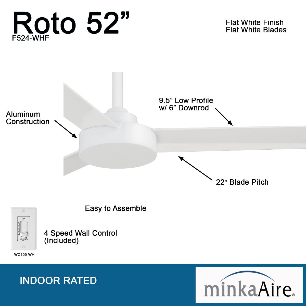 Roto 52" White Ceiling Fan with Wall Control - Bees Lighting