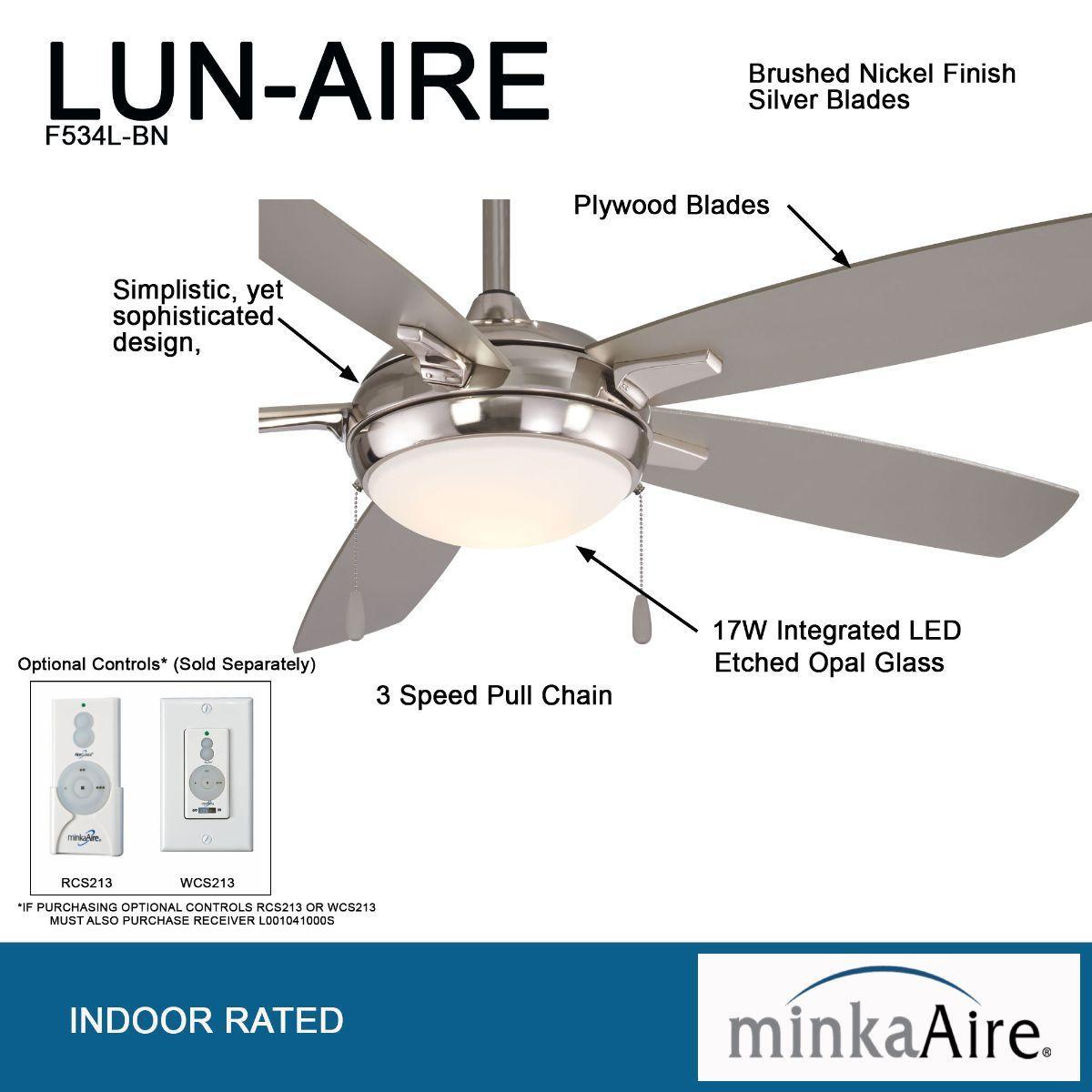 Lun-Aire LED 54" Nickel Ceiling Fan with Pull Chain - Bees Lighting