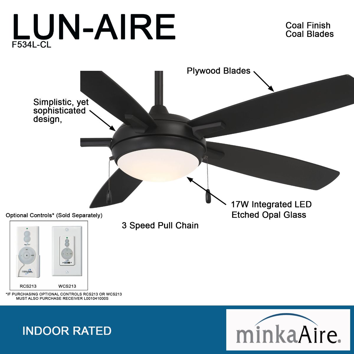 Lun-Aire LED 54" Black Coal Ceiling Fan with Pull Chain - Bees Lighting