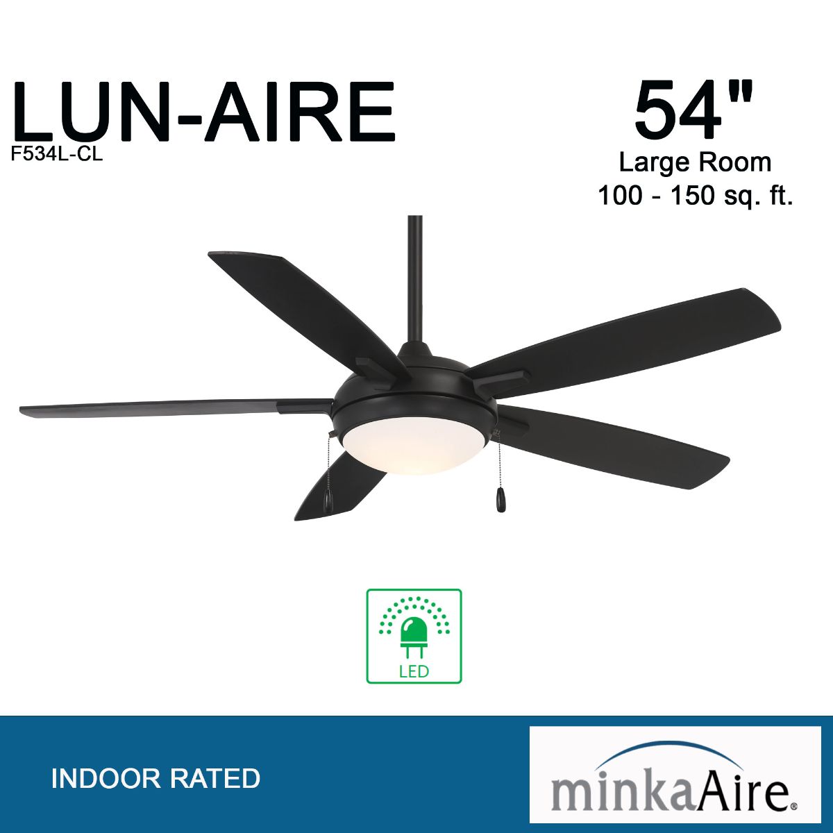 Lun-Aire LED 54" Black Coal Ceiling Fan with Pull Chain - Bees Lighting