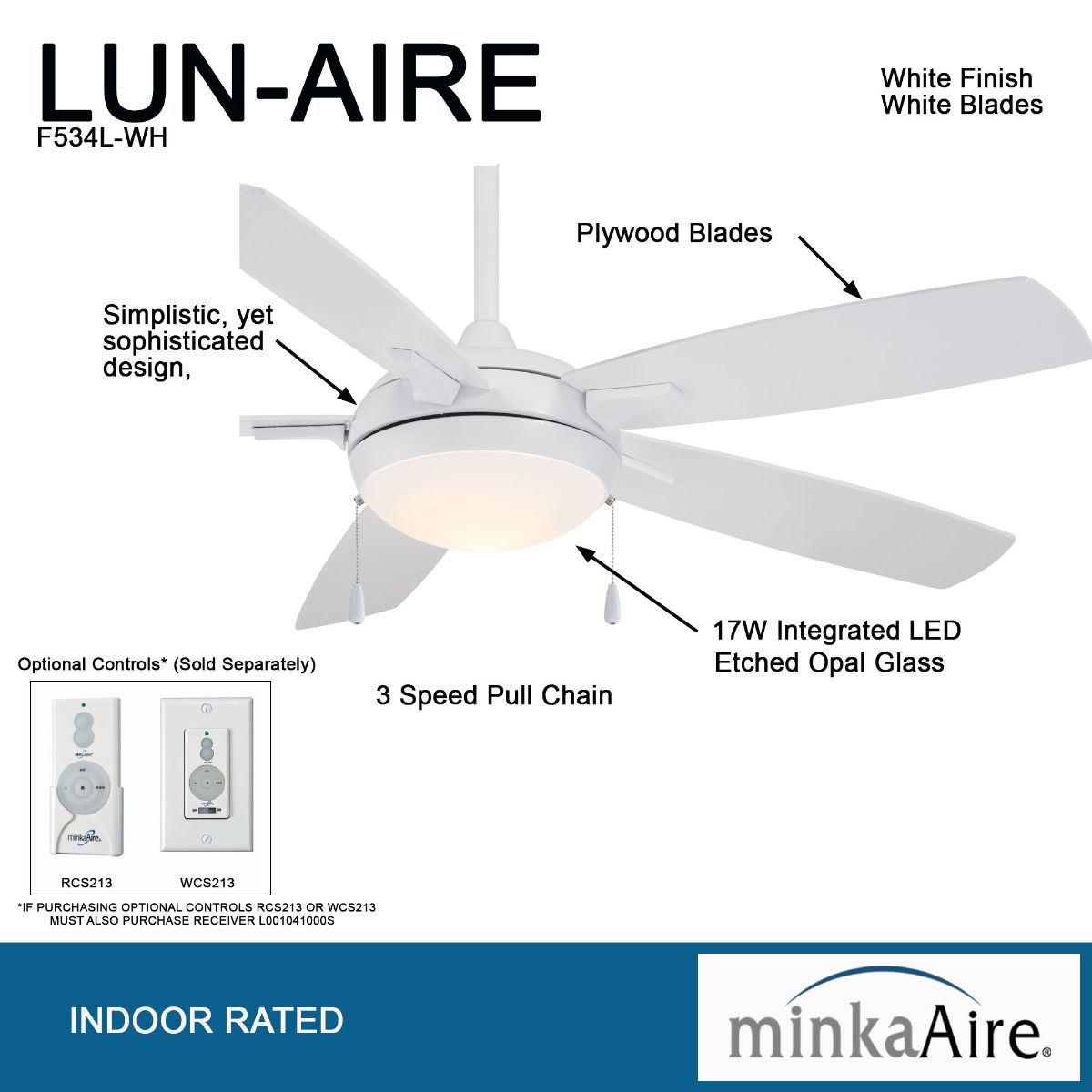 Lun-Aire LED 54" White Ceiling Fan with Pull Chain - Bees Lighting