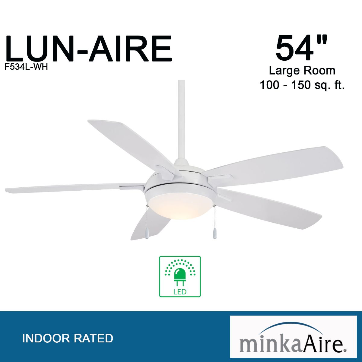 Lun-Aire LED 54" White Ceiling Fan with Pull Chain - Bees Lighting