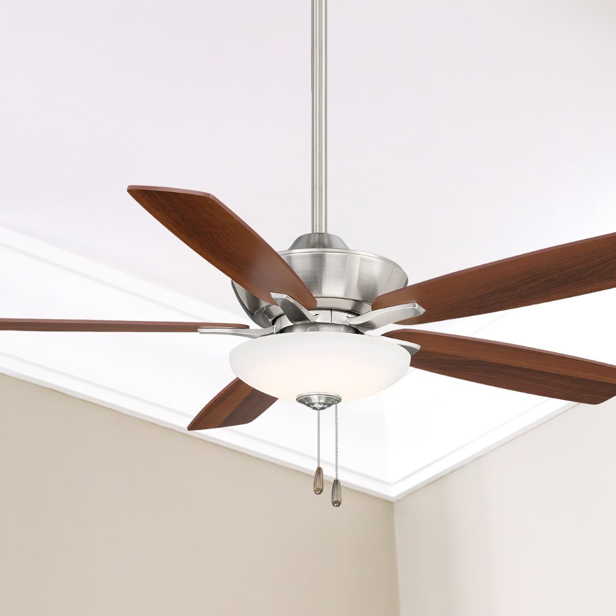 Minute LED 52" Nickel Ceiling Fan with Pull Chain, Medium Maple/Dark Walnut Blades - Bees Lighting