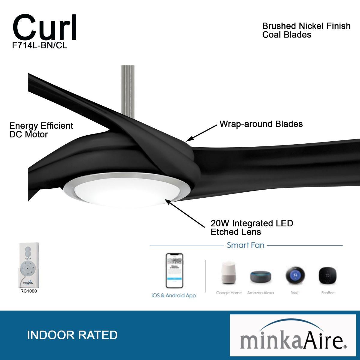 Curl LED 60" Smart Ceiling Fan with Light and Remote, Brushed Nickel with Coal Blades - Bees Lighting