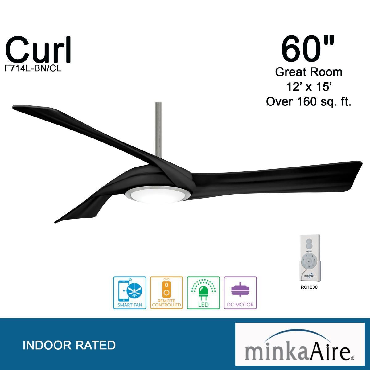 Curl LED 60" Smart Ceiling Fan with Light and Remote, Brushed Nickel with Coal Blades - Bees Lighting