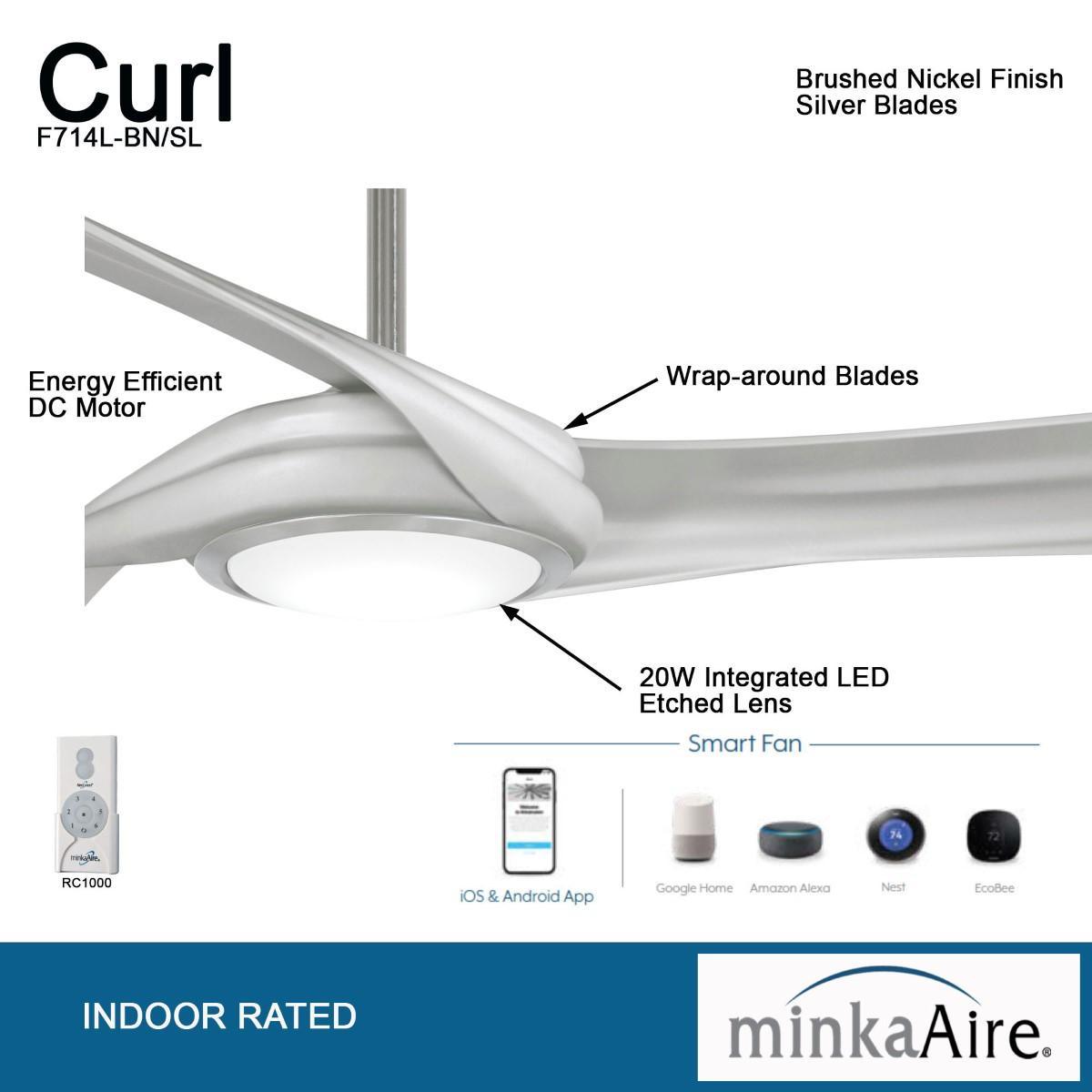 Curl LED 60" Smart Ceiling Fan with Light and Remote, Brushed Nickel with Silver Blades - Bees Lighting