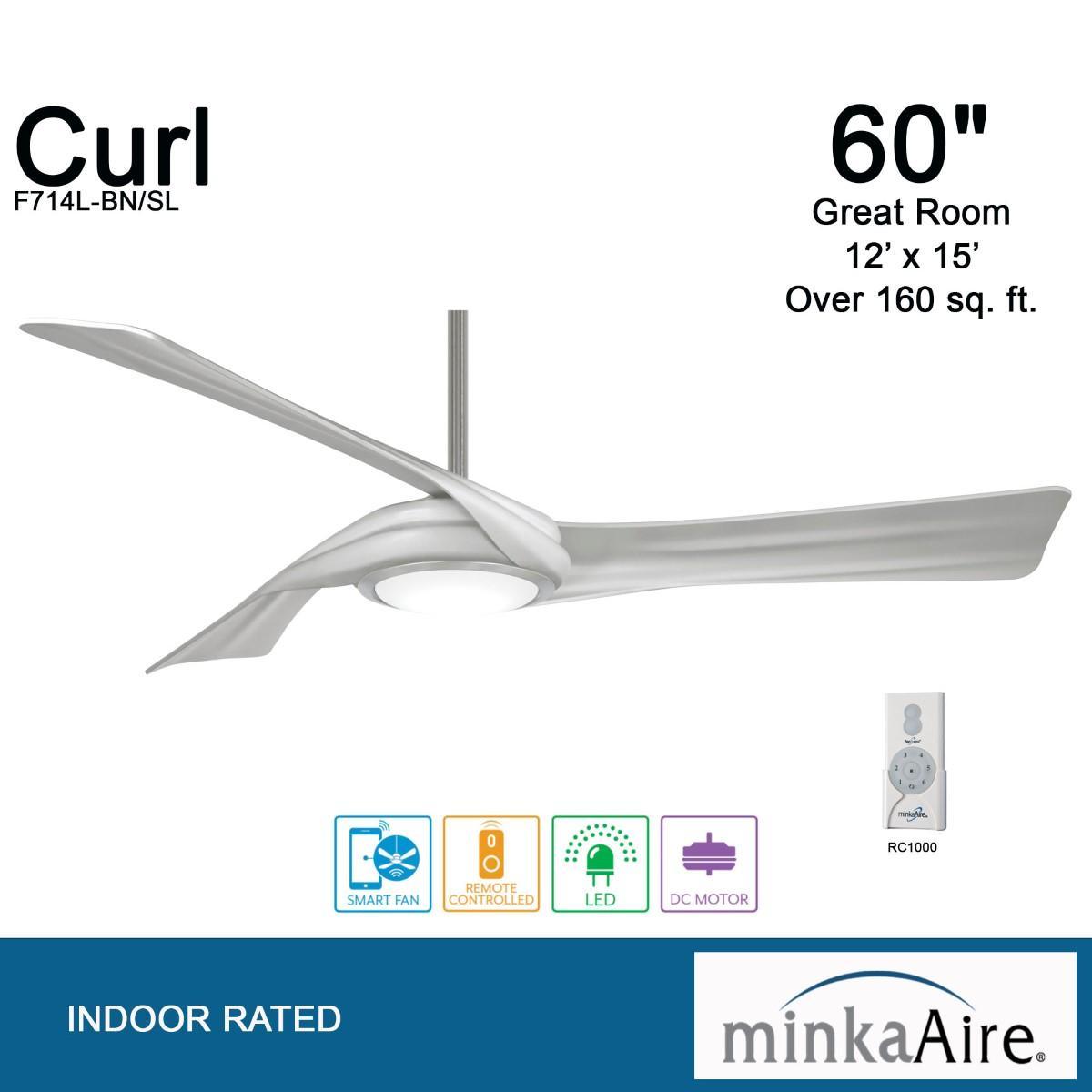 Curl LED 60" Smart Ceiling Fan with Light and Remote, Brushed Nickel with Silver Blades - Bees Lighting