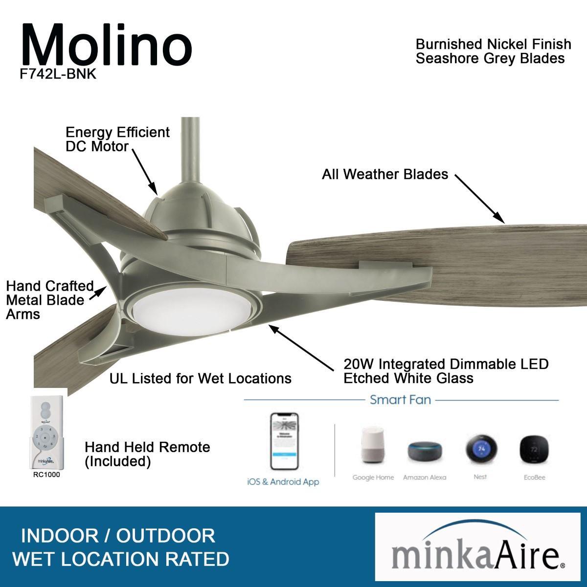 Molino 65" LED Smart Ceiling Fan with Remote, Burnished Nickel with Seashore Grey Blades - Bees Lighting