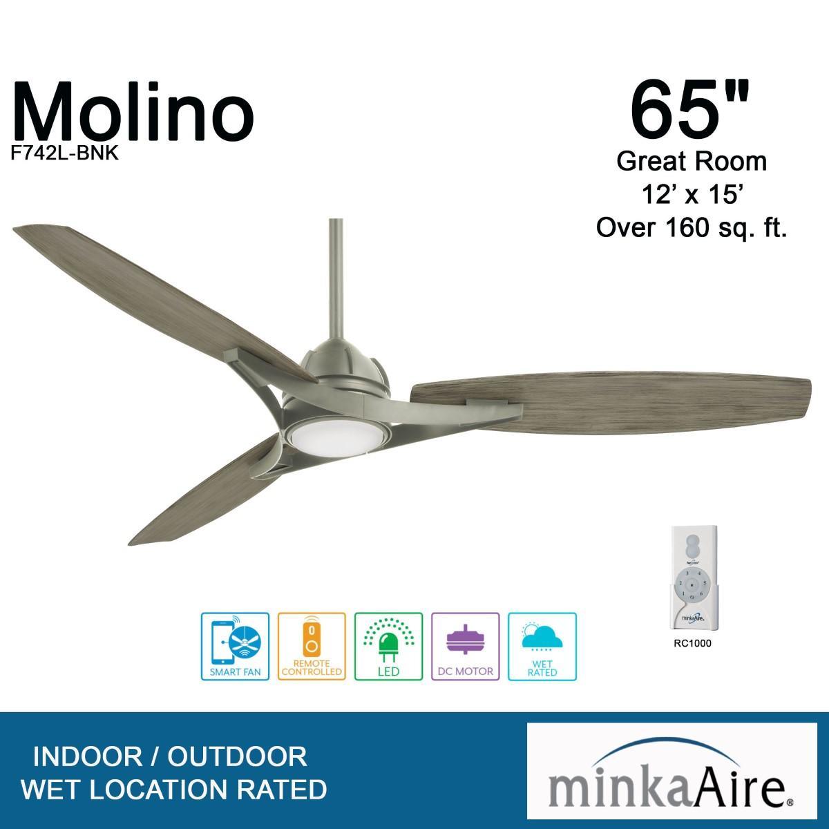 Molino 65" LED Smart Ceiling Fan with Remote, Burnished Nickel with Seashore Grey Blades - Bees Lighting