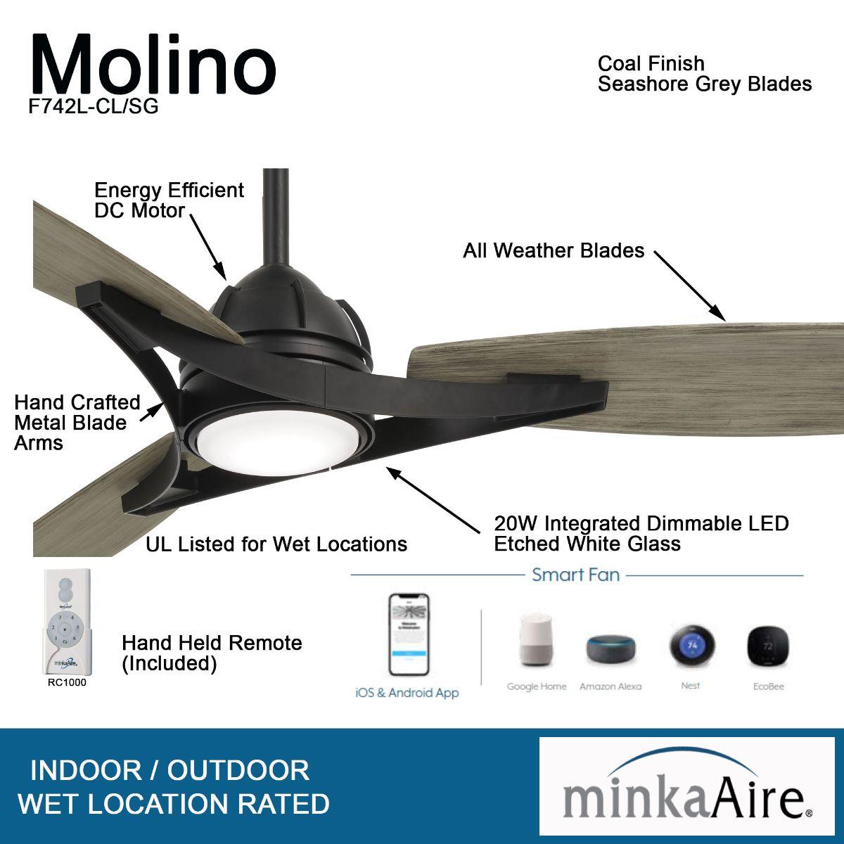 Molino 65" LED Smart Ceiling Fan, Black Coal with Seashore Grey Blades - Bees Lighting