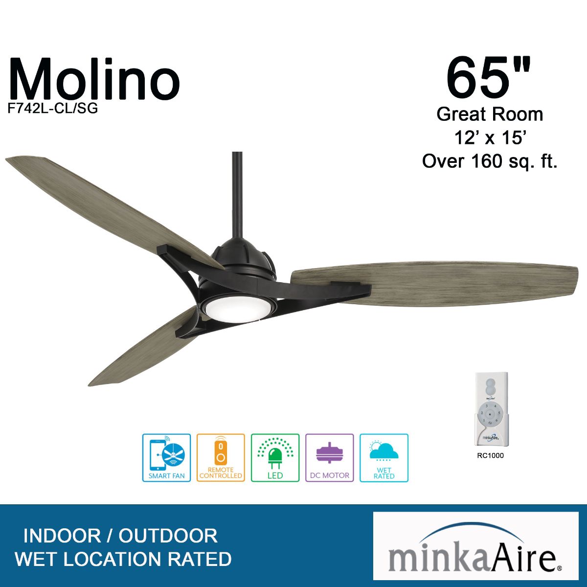 Molino 65" LED Smart Ceiling Fan, Black Coal with Seashore Grey Blades - Bees Lighting