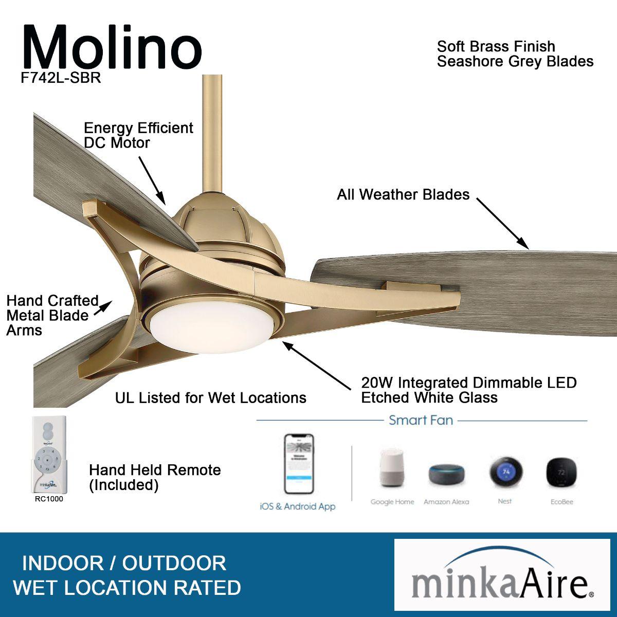 Molino 65" LED Smart Ceiling Fan, Soft Brass with Seashore Grey Blades - Bees Lighting