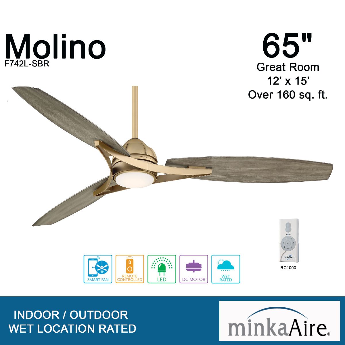 Molino 65" LED Smart Ceiling Fan, Soft Brass with Seashore Grey Blades - Bees Lighting