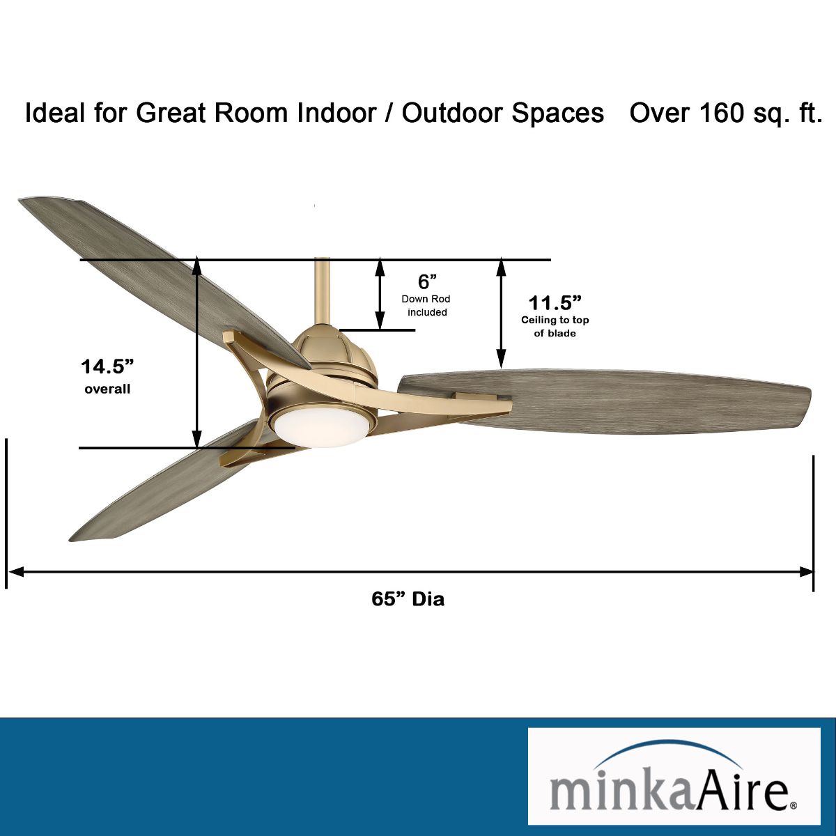 Molino 65" LED Smart Ceiling Fan, Soft Brass with Seashore Grey Blades - Bees Lighting