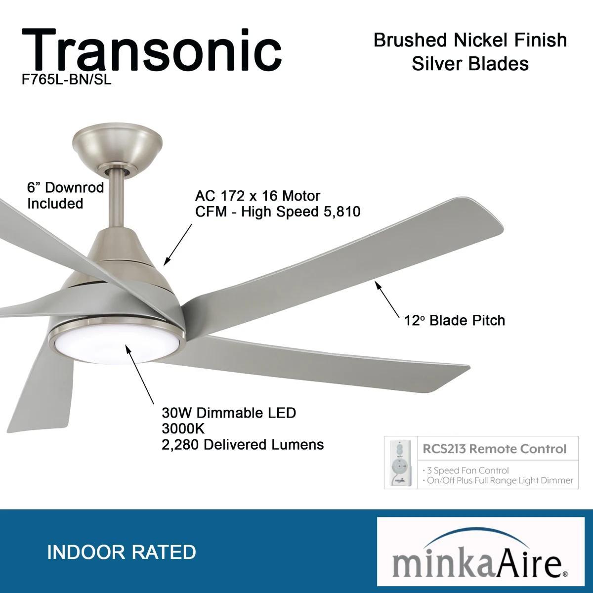 Transonic 56" LED Ceiling Fan with Remote, Brushed Nickel - Bees Lighting