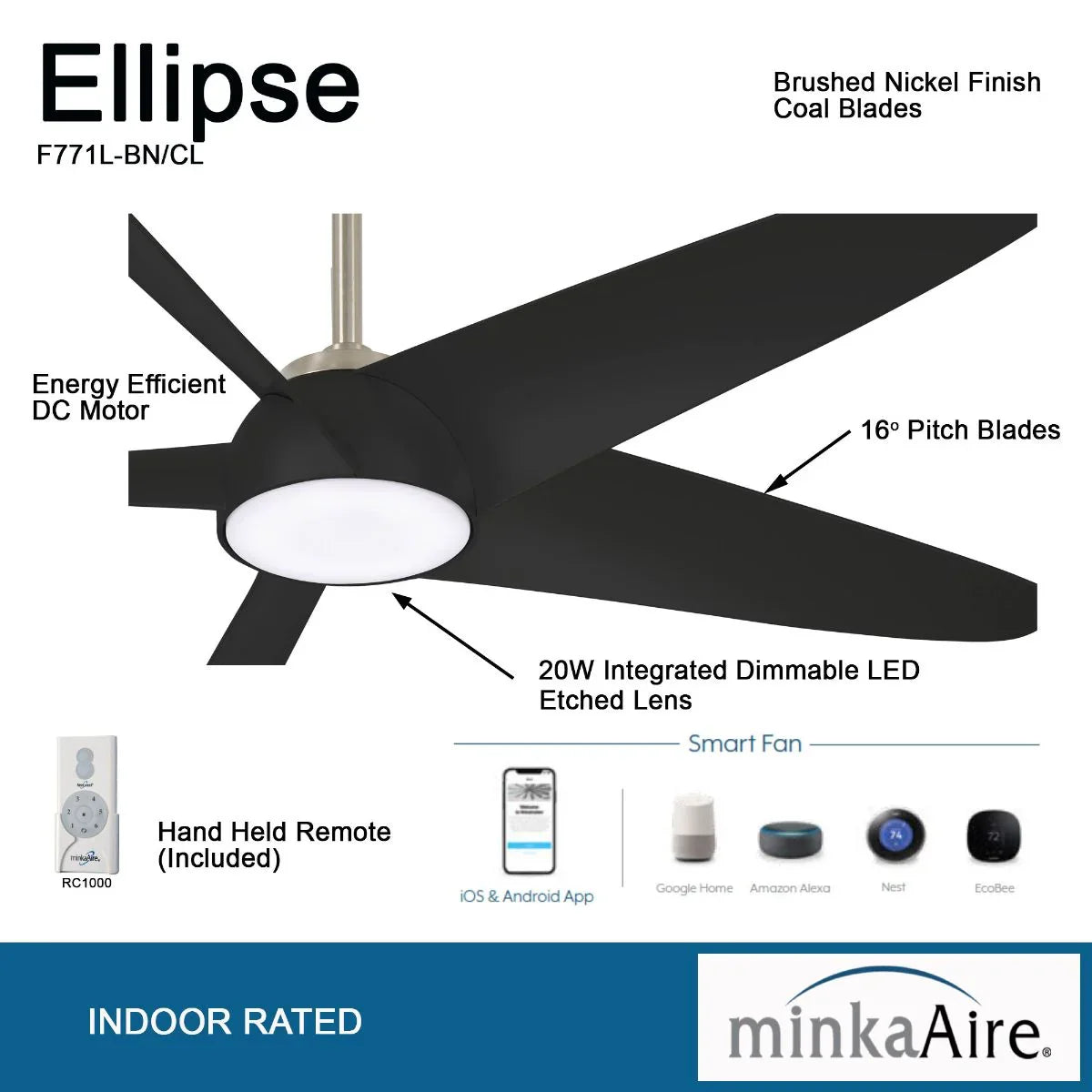 Ellipse LED 60" Black Coal Smart Ceiling Fan with Light and Remote - Bees Lighting