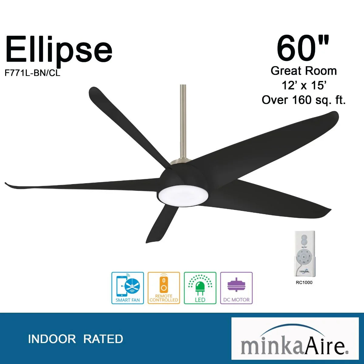 Ellipse LED 60" Black Coal Smart Ceiling Fan with Light and Remote - Bees Lighting