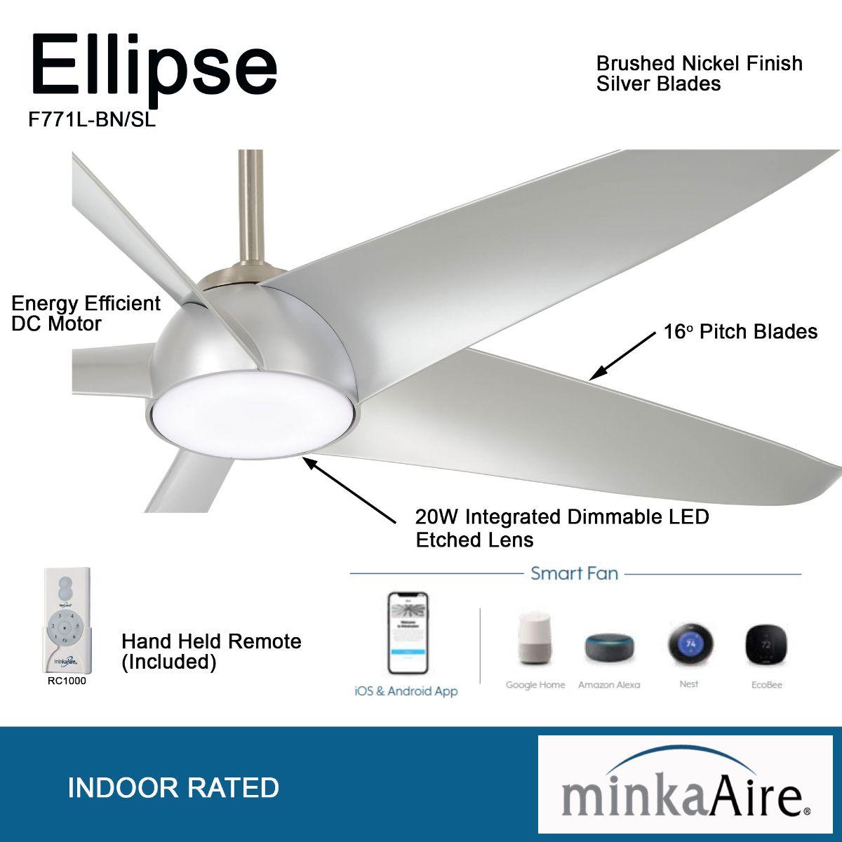Ellipse LED 60" Silver Smart Ceiling Fan with Light and Remote - Bees Lighting