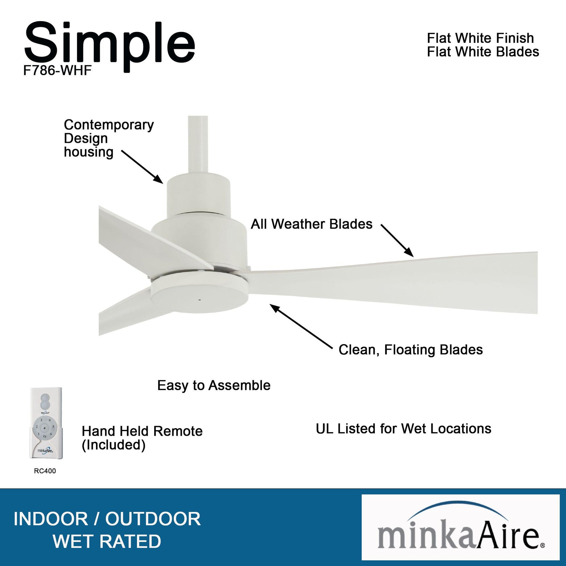 Simple 44" White Wet Rated Ceiling Fan with Remote - Bees Lighting