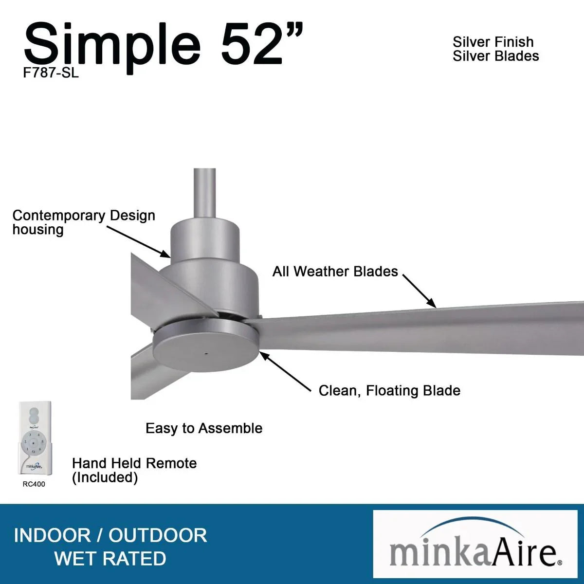 Simple 52" Silver Wet Rated Ceiling Fan with Remote - Bees Lighting