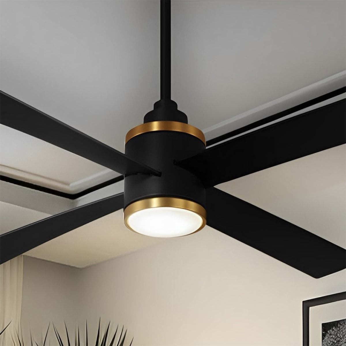 Falco 54" LED 4-Blades Ceiling Fan with Remote, Black Coal & Soft Brass Accents - Bees Lighting
