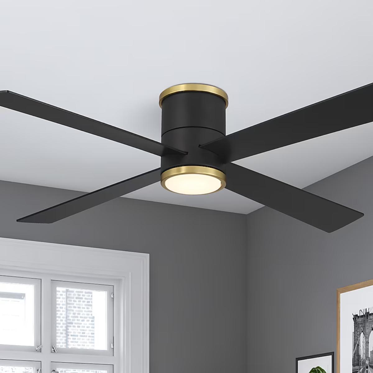 Falco Flush 54" LED Flush Mount Ceiling Fan, Black Coal & Soft Brass Accents - Bees Lighting