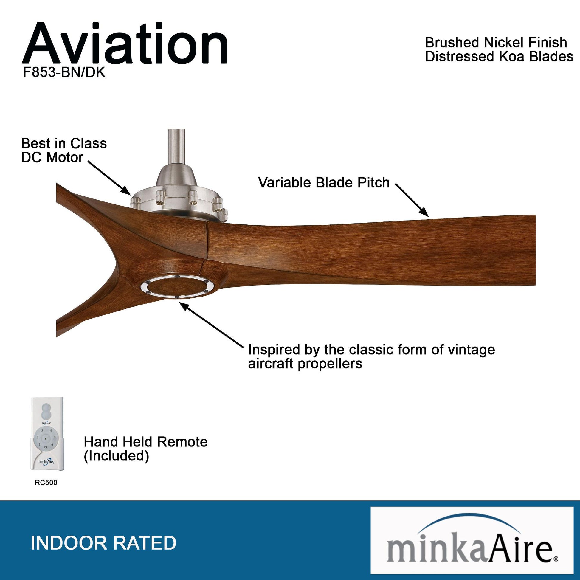 Aviation 60" Brushed Nickel & Distressed Koa Indoor Ceiling Fan with Remote - Bees Lighting