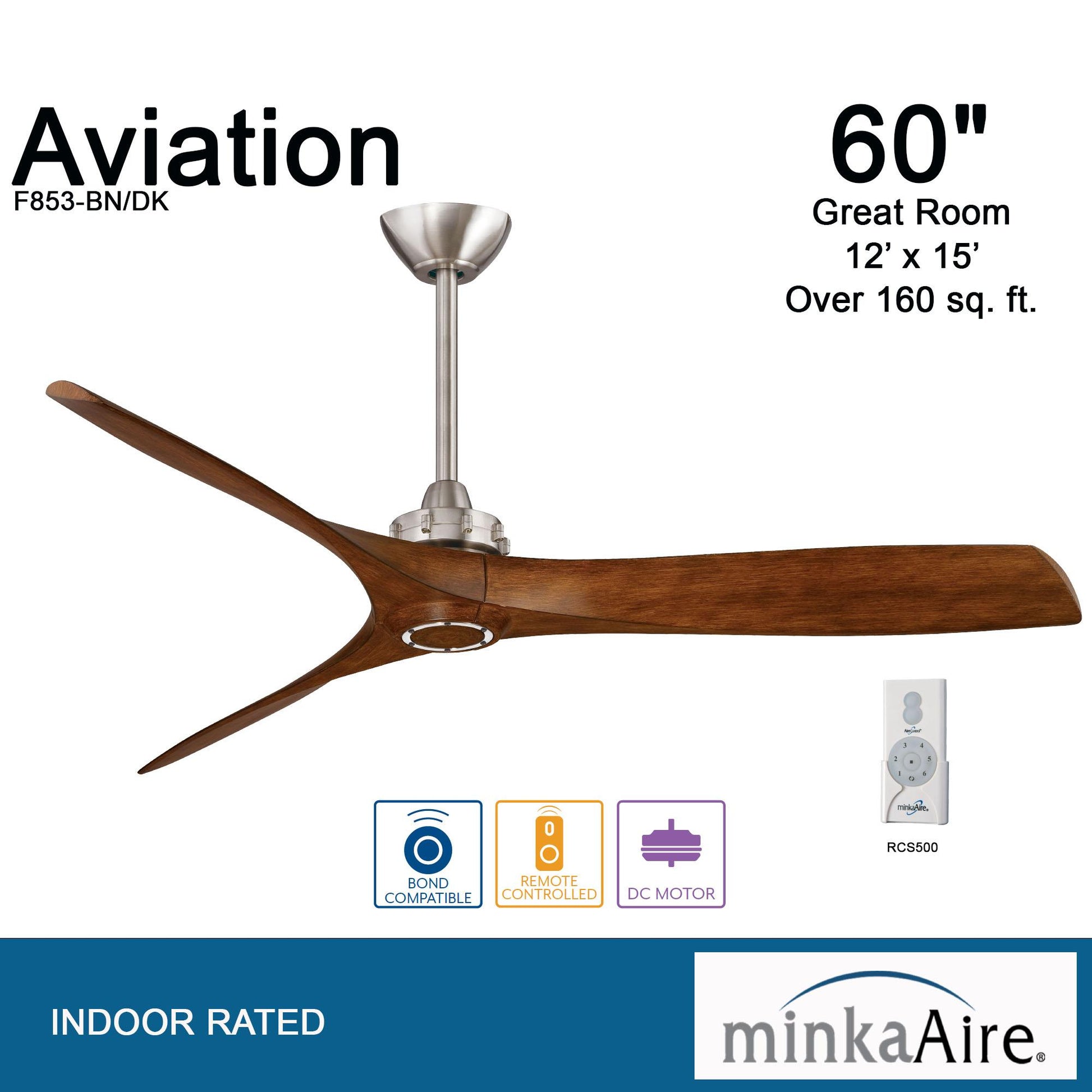 Aviation 60" Brushed Nickel & Distressed Koa Indoor Ceiling Fan with Remote - Bees Lighting